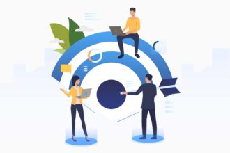 Business people working and setting company target. Planning, management, strategy concept. Vector illustration can be used for topics like business, finance, targeting
